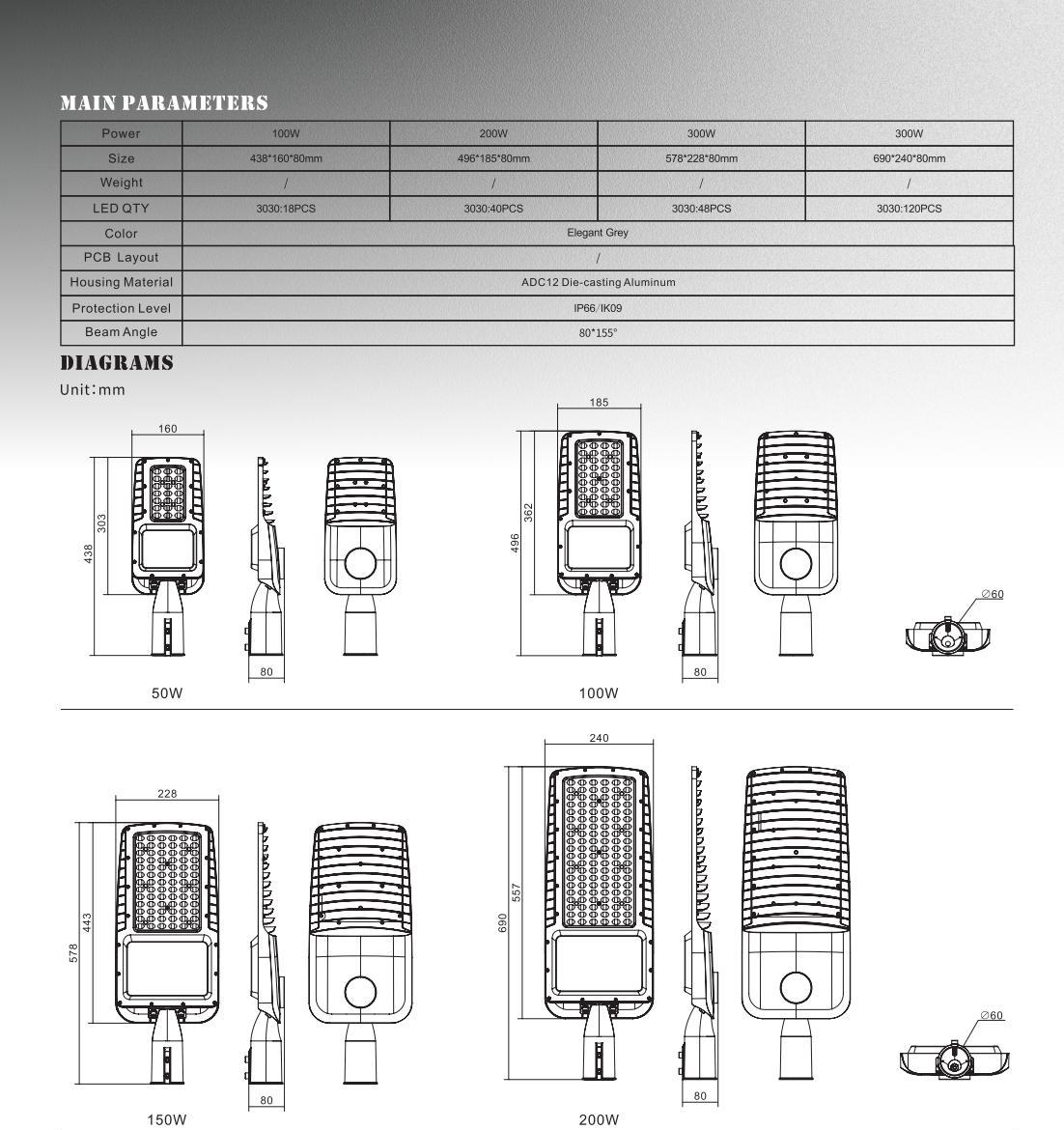 100W 150W 200W multi-power optional LED street light specifications 100W 150W 200W multi-power optional LED street light specifications