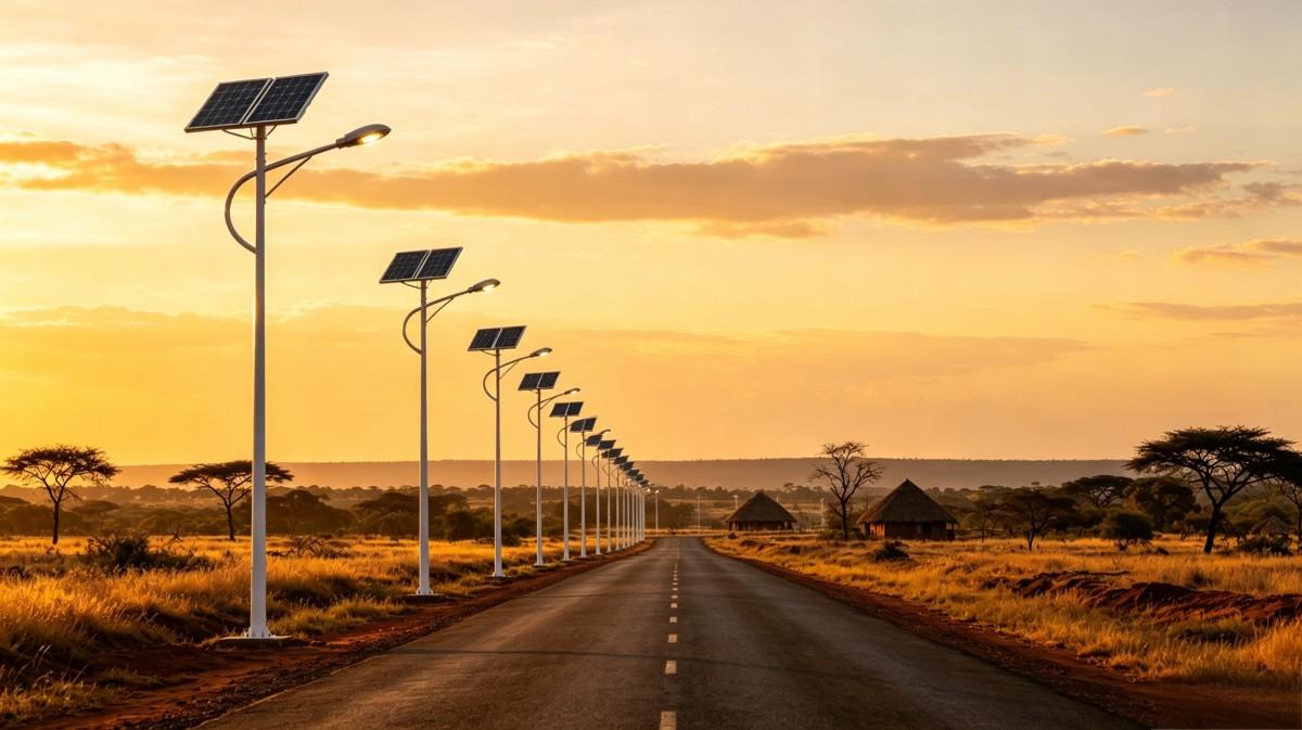 Dusk photo of solar street lights along African savanna village road Dusk photo of solar street lights along African savanna village road