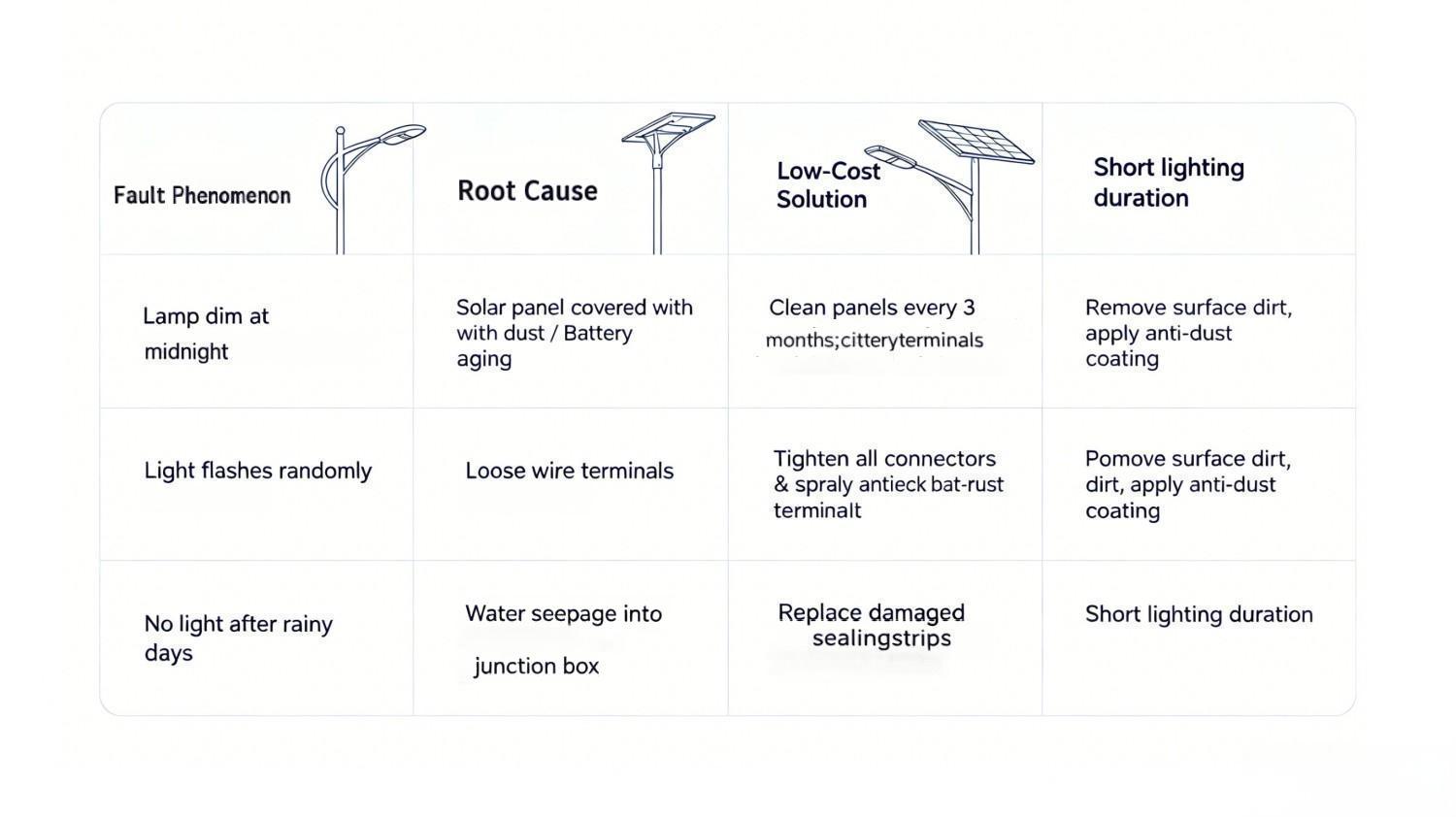 Solar street light fault quick check table for engineering contractors Solar street light fault quick check table for engineering contractors