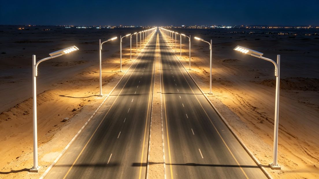 XCPB solar street light night lighting effect Saudi town main road XCPB solar street light night lighting effect Saudi town main road