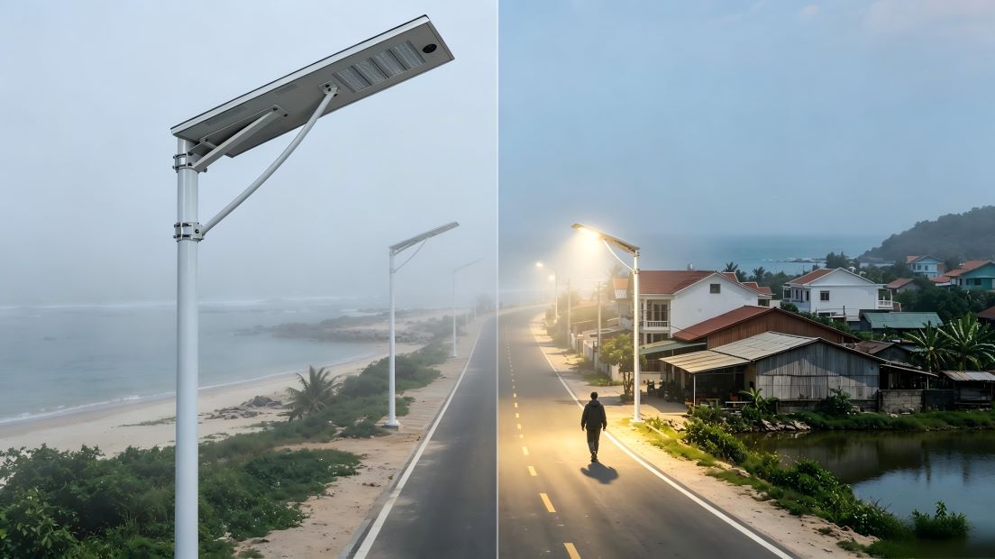 Field test photo: PIR infrared solar light fails in heavy sea fog, microwave radar solar light turns on when pedestrians approach, Vietnam coastal road project Field test photo: PIR infrared solar light fails in heavy sea fog, microwave radar solar light turns on when pedestrians approach, Vietnam coastal road project