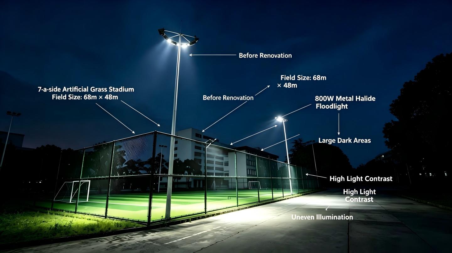 Night real shot of 7-a-side artificial turf football pitch before renovation, dim and uneven lighting with clear pitch size marks Night real shot of 7-a-side artificial turf football pitch before renovation, dim and uneven lighting with clear pitch size marks