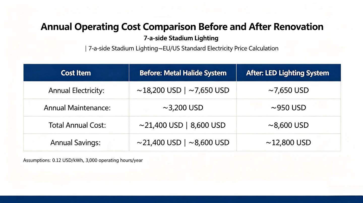 Annual operation cost comparison table of 7-a-side pitch lighting before and after renovation Annual operation cost comparison table of 7-a-side pitch lighting before and after renovation