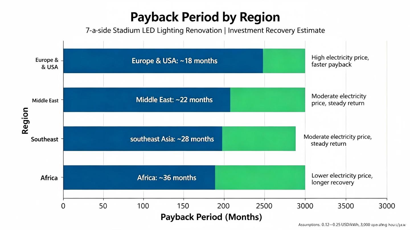 Bar chart of payback period for LED lighting renovation in four global regions Bar chart of payback period for LED lighting renovation in four global regions