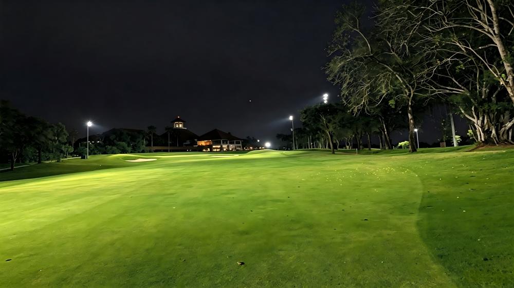 Golf putting green and tee box tournament level high uniform night lighting