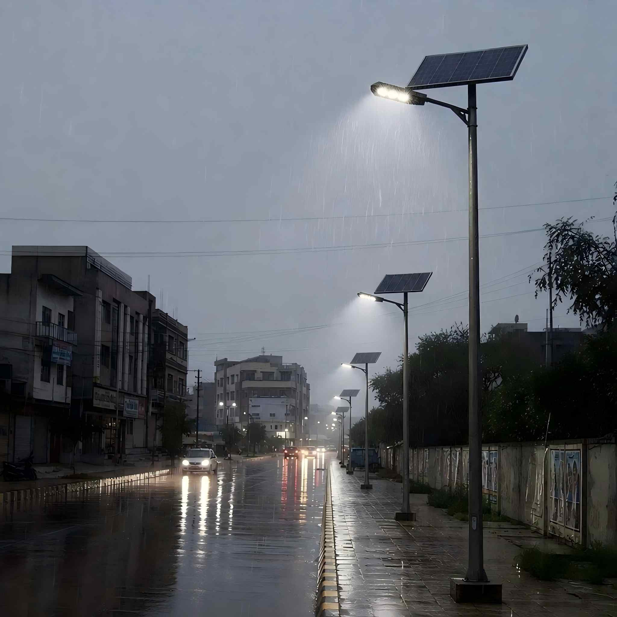 solar street light on a rainy urban road solar street light on a rainy urban road