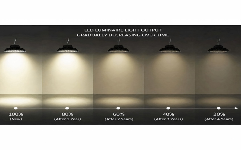 LED luminaire light output gradually decreasing over time LED luminaire light output gradually decreasing over time
