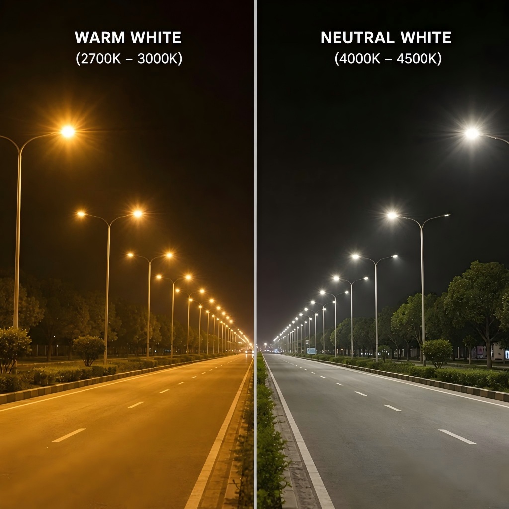 Comparison of warm white and neutral white street lighting on a roadway Comparison of warm white and neutral white street lighting on a roadway
