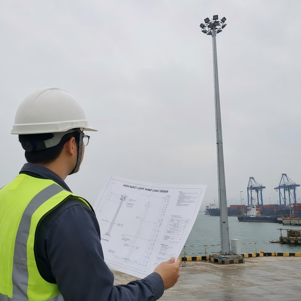 engineer reviewing high mast light wind load design near a coastal port
