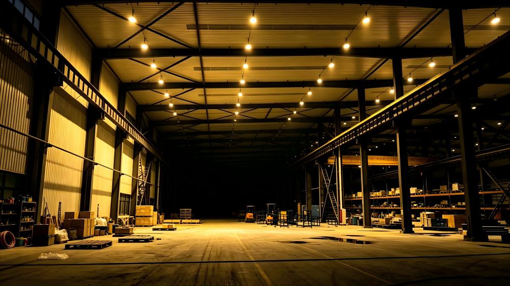 Old metal halide lighting environment of logistics warehouse, with obvious shadows and insufficient brightness under storage racks