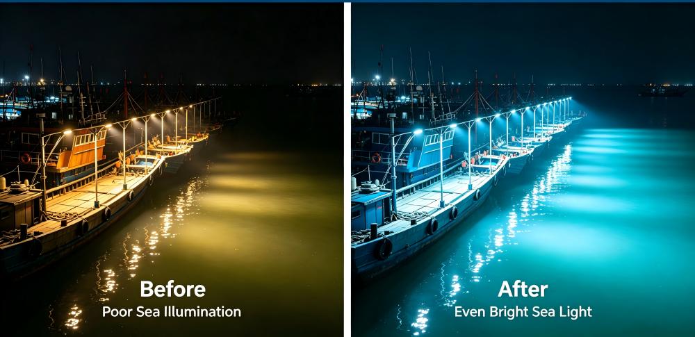 Lighting effect comparison before and after LED fish attracting light renovation on Lingao fishing boat Lighting effect comparison before and after LED fish attracting light renovation on Lingao fishing boat