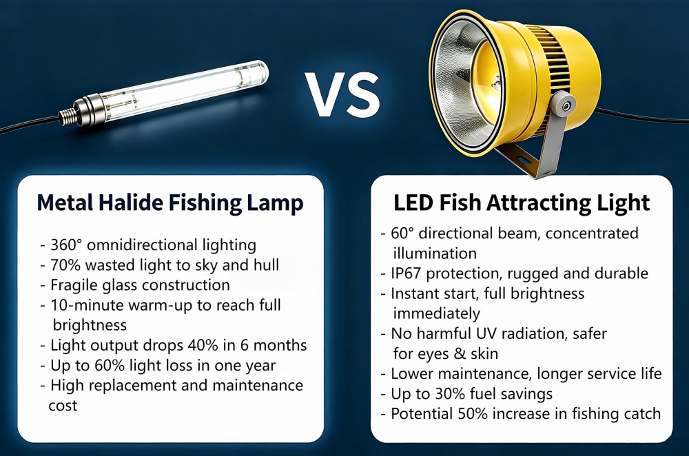 Side-by-side comparison diagram of marine LED fish light and metal halide fishing lamp Side-by-side comparison diagram of marine LED fish light and metal halide fishing lamp