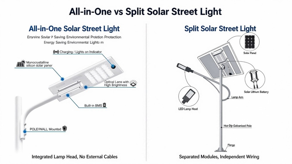 Structure diagram of all-in-one solar street light and split solar street light Structure diagram of all-in-one solar street light and split solar street light